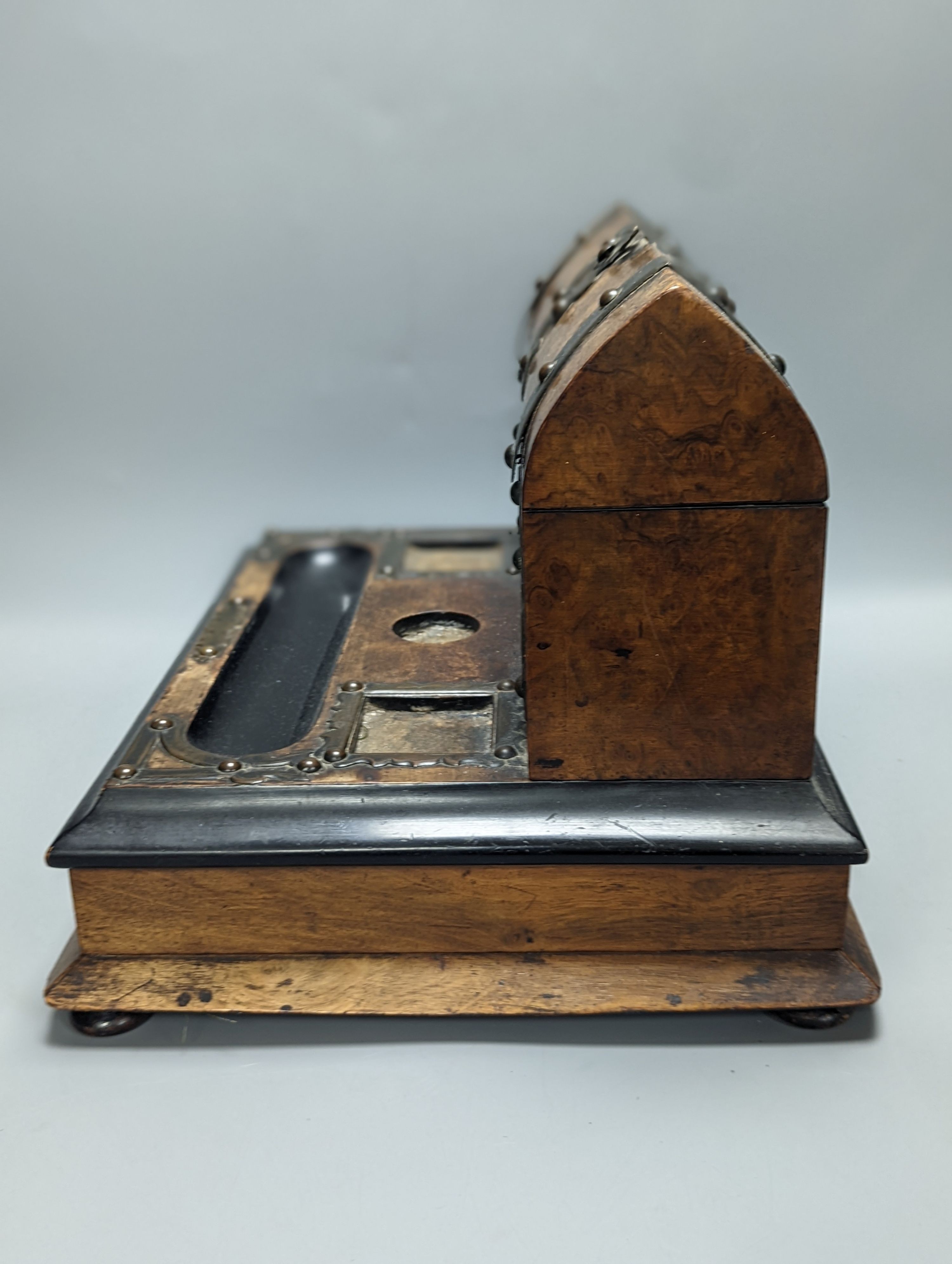 A Victorian brass bound walnut desk stand 36cm